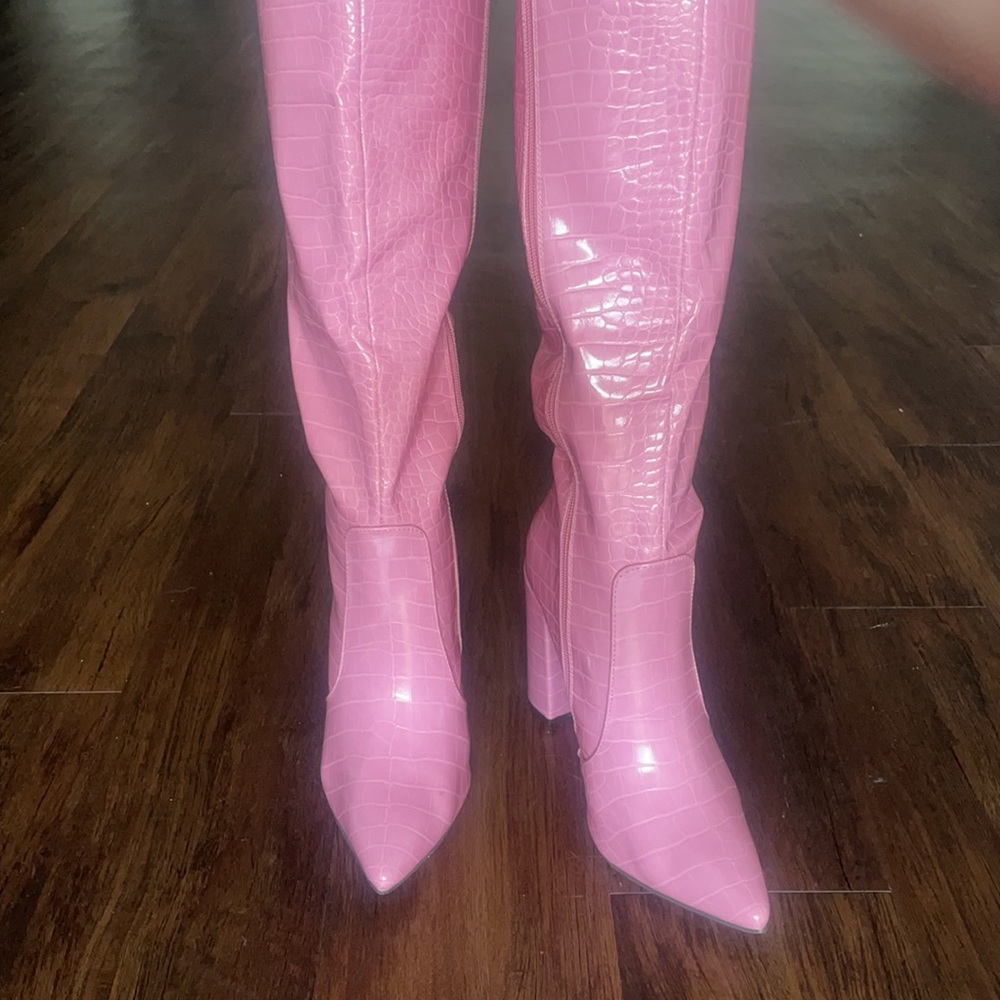 Nasty Gal Pink Givana faux croc boots